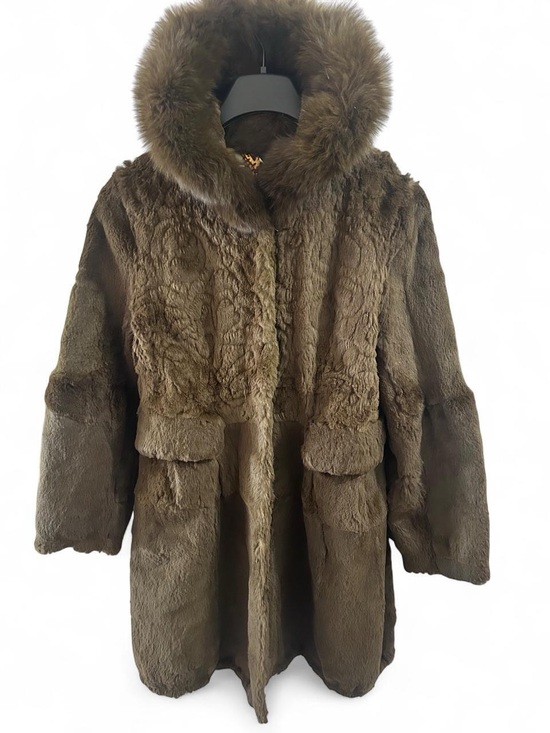 Jackets & Blazers - Olive Green Rabbit Fur Coat Genuine Fox Fur Hood Collar M/L